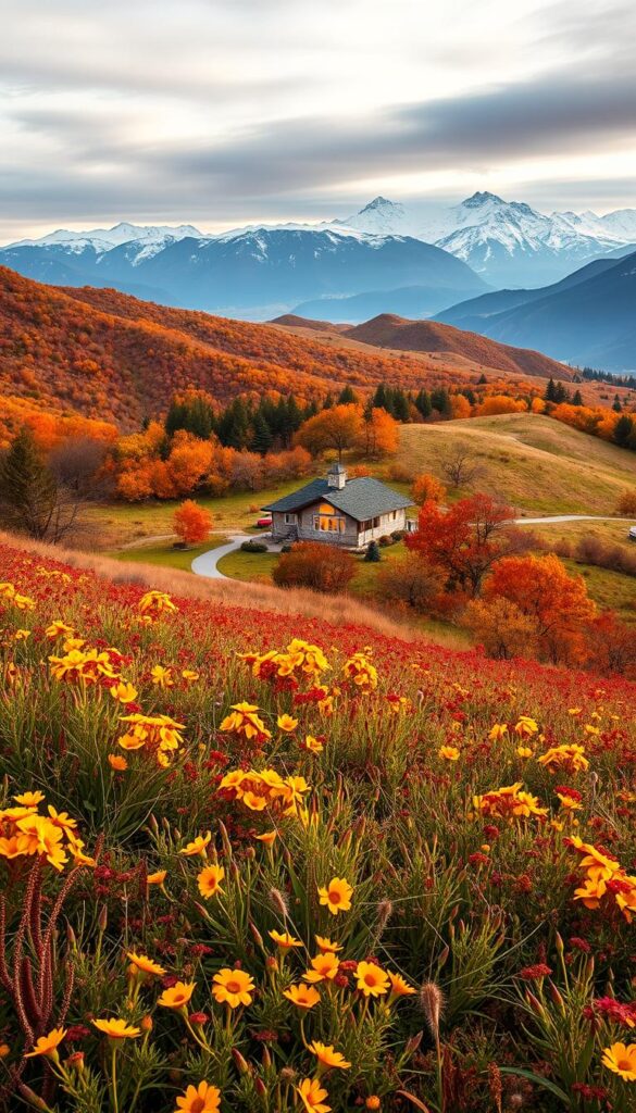 A lush, autumnal landscape with rolling hills, vibrant foliage, and a gentle breeze. In the foreground, a meadow of late-blooming perennials in rich hues of gold, rust, and crimson. The middle ground features a winding path leading towards a cozy cottage, its windows aglow with warm light. In the background, a panoramic view of a mountainous horizon, the peaks dusted with the first hints of winter snow. The lighting is soft and diffused, creating a dreamlike atmosphere. Capture this scene with a medium-wide lens, angled slightly upwards to emphasize the grandeur of the natural setting. A lush, autumnal landscape with rolling hills, vibrant foliage, and a gentle breeze. In the foreground, a meadow of late-blooming perennials in rich hues of gold, rust, and crimson. The middle ground features a winding path leading towards a cozy cottage, its windows aglow with warm light. In the background, a panoramic view of a mountainous horizon, the peaks dusted with the first hints of winter snow. The lighting is soft and diffused, creating a dreamlike atmosphere. Capture this scene with a medium-wide lens, angled slightly upwards to emphasize the grandeur of the natural setting.