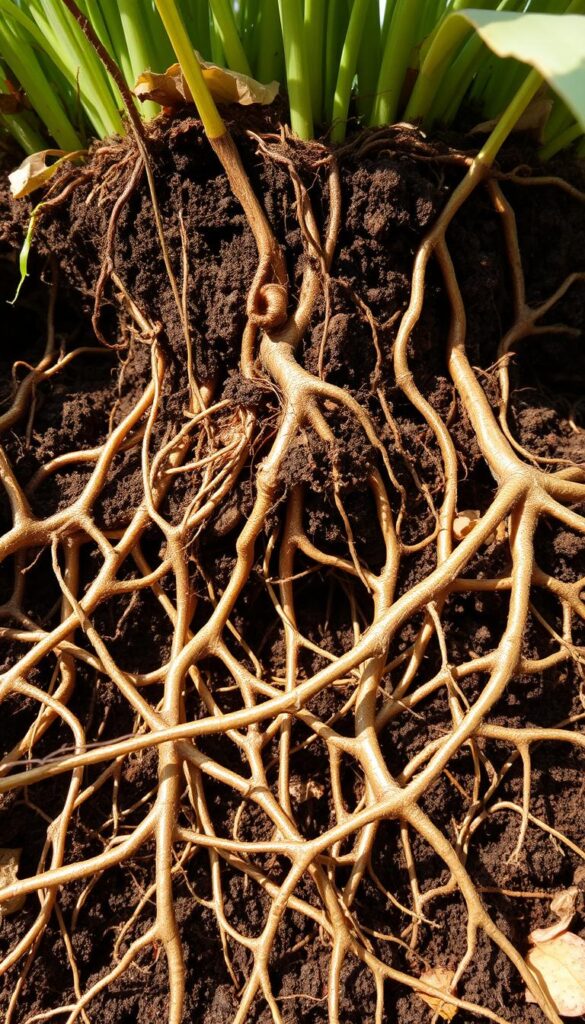 A lush, autumnal scene of thriving root growth beneath the soil's surface. In the foreground, intricate networks of fibrous roots radiate outward, their tendrils grasping firmly into the rich, dark earth. Delicate root hairs reach upward, seeking nutrients and moisture. In the middle ground, the soil itself is revealed in cross-section, showcasing the complex underground ecosystem. Hues of deep brown, earthy ochre, and hints of russet capture the essence of fall. Soft, diffused natural light filters through, casting gentle shadows that accentuate the textures and contours of the roots. The overall composition conveys a sense of vitality, health, and the unseen, yet vital, processes that sustain a thriving lawn. A lush, autumnal scene of thriving root growth beneath the soil's surface. In the foreground, intricate networks of fibrous roots radiate outward, their tendrils grasping firmly into the rich, dark earth. Delicate root hairs reach upward, seeking nutrients and moisture. In the middle ground, the soil itself is revealed in cross-section, showcasing the complex underground ecosystem. Hues of deep brown, earthy ochre, and hints of russet capture the essence of fall. Soft, diffused natural light filters through, casting gentle shadows that accentuate the textures and contours of the roots. The overall composition conveys a sense of vitality, health, and the unseen, yet vital, processes that sustain a thriving lawn.