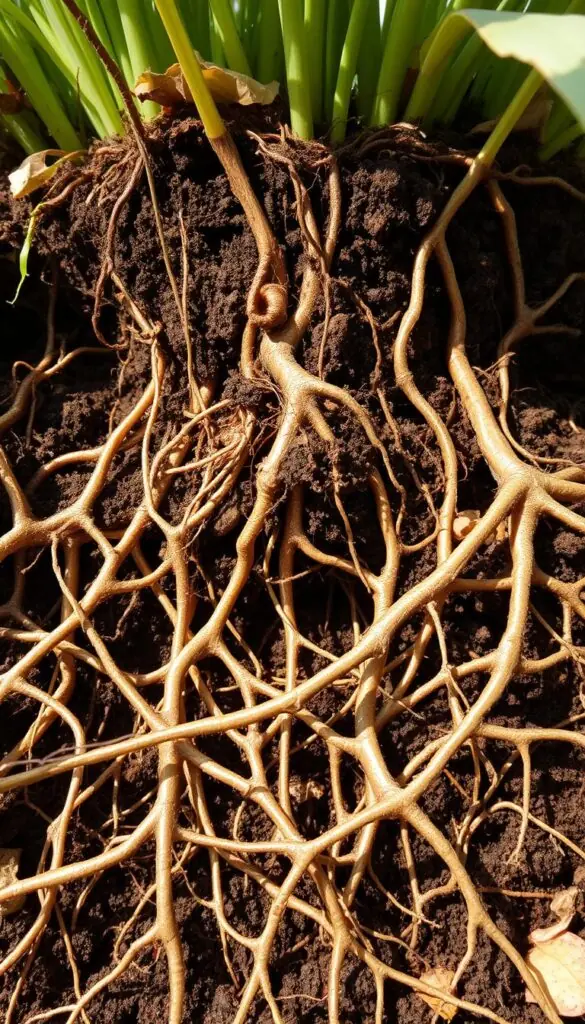 A lush, autumnal scene of thriving root growth beneath the soil's surface. In the foreground, intricate networks of fibrous roots radiate outward, their tendrils grasping firmly into the rich, dark earth. Delicate root hairs reach upward, seeking nutrients and moisture. In the middle ground, the soil itself is revealed in cross-section, showcasing the complex underground ecosystem. Hues of deep brown, earthy ochre, and hints of russet capture the essence of fall. Soft, diffused natural light filters through, casting gentle shadows that accentuate the textures and contours of the roots. The overall composition conveys a sense of vitality, health, and the unseen, yet vital, processes that sustain a thriving lawn.