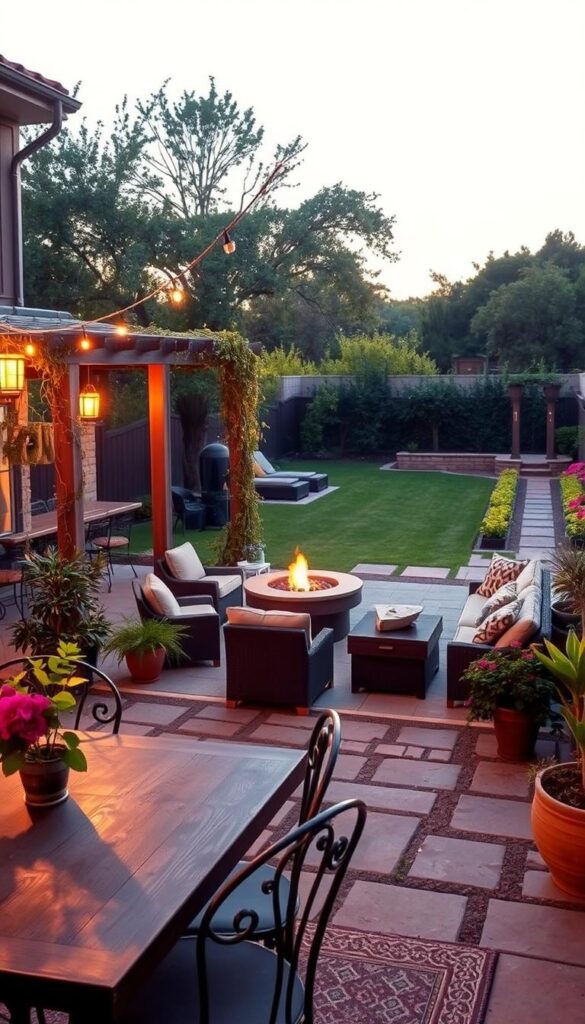 A lush backyard with distinct outdoor zones, bathed in warm, golden-hour lighting. In the foreground, a cozy dining area with a rustic wooden table and wrought-iron chairs, surrounded by potted plants and string lights. In the middle ground, a relaxing lounge space with plush outdoor sofas and a fire pit, framed by a pergola draped in trailing vines. The background features a well-manicured garden, with rows of vibrant flowers and a winding path leading to a serene seating nook. The overall scene conveys a sense of harmony and intentional design, highlighting how thoughtful zoning can make a backyard feel expansive and inviting.