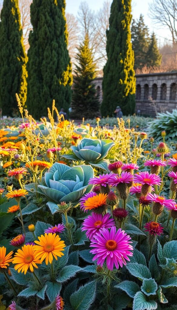 A lush botanical garden in early autumn, with a diverse array of resilient, frost-hardy plants thriving in the crisp, golden-hued light. In the foreground, a cluster of hardy chrysanthemums and asters, their vibrant blooms unfurling despite the chill. In the middle ground, a stand of ornamental kales and cabbages, their sturdy leaves adorned with a delicate rime of frost. In the background, the silhouettes of towering evergreens and the faint outline of a weathered stone wall, creating a sense of timeless resilience. The overall atmosphere is one of quiet determination, where nature's adaptable wonders persist even in the face of the first frost. A lush botanical garden in early autumn, with a diverse array of resilient, frost-hardy plants thriving in the crisp, golden-hued light. In the foreground, a cluster of hardy chrysanthemums and asters, their vibrant blooms unfurling despite the chill. In the middle ground, a stand of ornamental kales and cabbages, their sturdy leaves adorned with a delicate rime of frost. In the background, the silhouettes of towering evergreens and the faint outline of a weathered stone wall, creating a sense of timeless resilience. The overall atmosphere is one of quiet determination, where nature's adaptable wonders persist even in the face of the first frost.