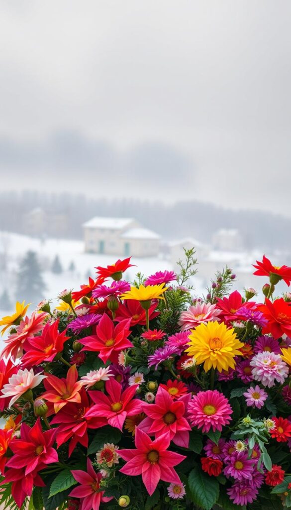 A lush bouquet of vibrant winter flowers blooms against a soft, atmospheric backdrop. In the foreground, an assortment of colorful blooms - including poinsettias, hellebores, and chrysanthemums - radiate warmth and vitality, their petals gently illuminated by a diffused, natural light. In the middle ground, a scattering of evergreen foliage, such as holly and eucalyptus, lends a verdant, earthy contrast. The background is a serene, hazy landscape, with muted tones of gray and blue evoking the tranquility of the winter season. The overall composition conveys a sense of cozy, inviting charm, showcasing the enduring beauty and resilience of nature during the colder months. A lush bouquet of vibrant winter flowers blooms against a soft, atmospheric backdrop. In the foreground, an assortment of colorful blooms - including poinsettias, hellebores, and chrysanthemums - radiate warmth and vitality, their petals gently illuminated by a diffused, natural light. In the middle ground, a scattering of evergreen foliage, such as holly and eucalyptus, lends a verdant, earthy contrast. The background is a serene, hazy landscape, with muted tones of gray and blue evoking the tranquility of the winter season. The overall composition conveys a sense of cozy, inviting charm, showcasing the enduring beauty and resilience of nature during the colder months.