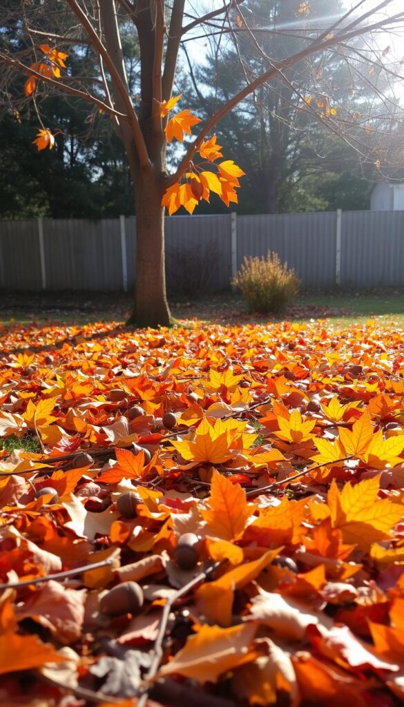 A lush carpet of fallen autumn leaves, in shades of amber, crimson, and gold, covers the ground in a serene backyard. Sunlight filters through the bare branches, casting a warm, natural glow over the scene. Scattered among the leaves are twigs, acorns, and other organic debris, creating a beautiful, textured foreground. In the middle ground, the last few leaves cling to the trees, their vibrant colors a stark contrast against the gray trunks. The background fades into a hazy, out-of-focus blur, emphasizing the tranquility and peacefulness of the moment. This image captures the essence of the transition from summer to fall, inviting the viewer to pause and appreciate the beauty of nature's cycles.