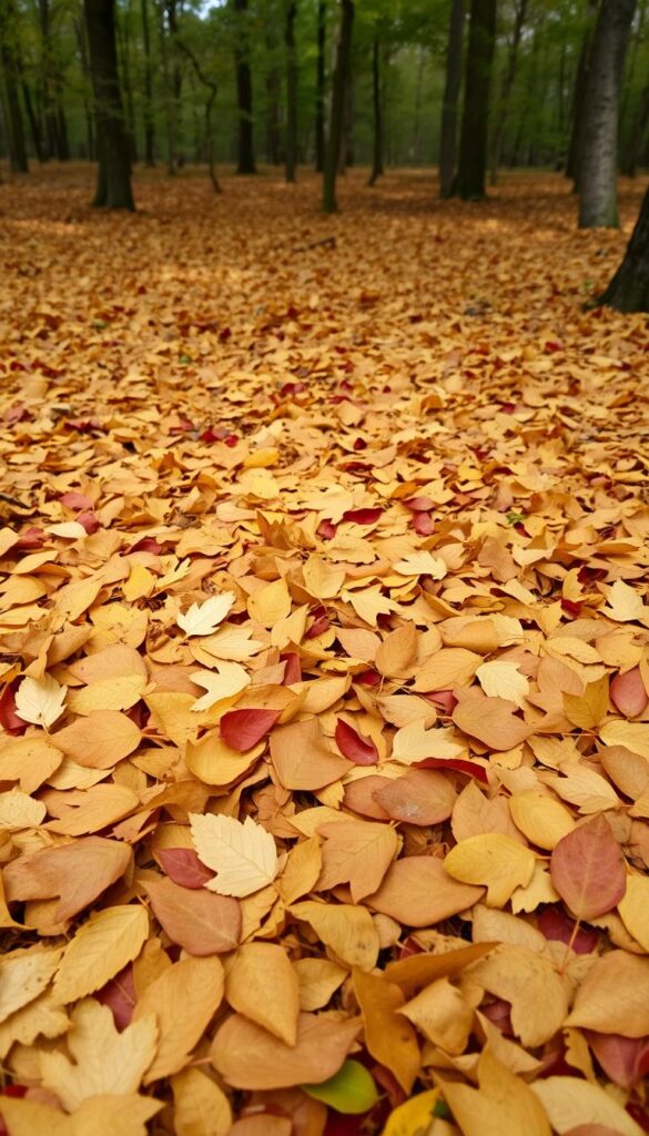 A lush carpet of fallen leaves covers the forest floor, creating a serene and inviting scene. Delicate shapes and textures emerge from the mix of tan, amber, and crimson hues, scattered across the ground in a natural, organic pattern. Soft, diffused lighting filters through the canopy above, casting gentle shadows that accentuate the depth and dimension of the leaf litter. The overall atmosphere evokes a sense of tranquility and renewal, setting the stage for a gentle, wildlife-safe spring cleanup in the garden.