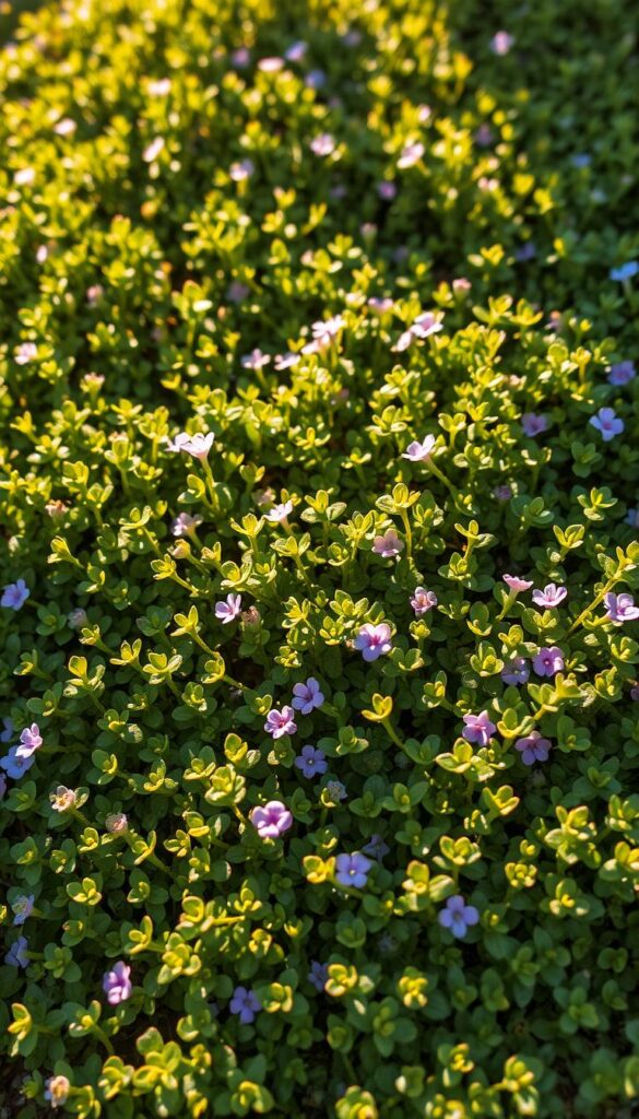A lush carpet of verdant creeping thyme, its fragrant sprigs carpeting a sun-drenched patch of earth. The tiny, rounded leaves glisten in the warm light, their soft hues ranging from deep forest green to golden tips that dance in a gentle breeze. Delicate lavender blooms dot the groundcover, adding pops of color that attract pollinating bees. The scene is bathed in a warm, golden glow, as if lit by the summer sun. Shot from a low angle, the thyme fills the frame, creating an inviting, natural oasis perfect for bare feet to tread upon.