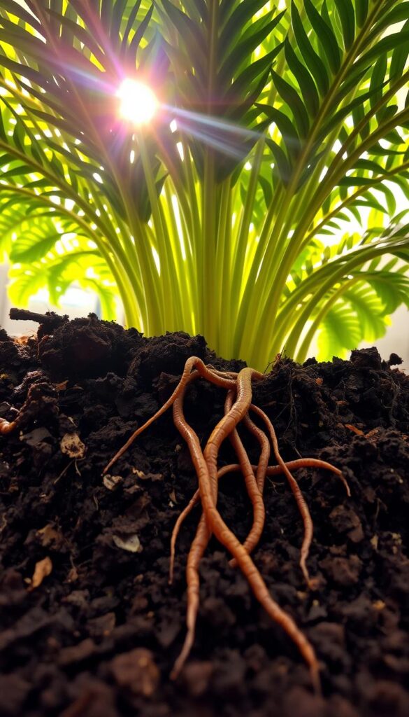 A lush, close-up image of nutrient-rich soil in a plant's root zone. The soil is dark, loamy, and teeming with organic matter, earthworms, and other beneficial microbes. Sunlight filters through the fronds of a flourishing houseplant, casting a warm, golden glow on the scene. The camera angle is low, placing the viewer at eye level with the soil, inviting them to closely inspect the intricate network of roots and the vital nutrients that nourish the plant. The image conveys a sense of vibrant, healthy growth and the importance of understanding nutrient dynamics for optimal houseplant care. A lush, close-up image of nutrient-rich soil in a plant's root zone. The soil is dark, loamy, and teeming with organic matter, earthworms, and other beneficial microbes. Sunlight filters through the fronds of a flourishing houseplant, casting a warm, golden glow on the scene. The camera angle is low, placing the viewer at eye level with the soil, inviting them to closely inspect the intricate network of roots and the vital nutrients that nourish the plant. The image conveys a sense of vibrant, healthy growth and the importance of understanding nutrient dynamics for optimal houseplant care.