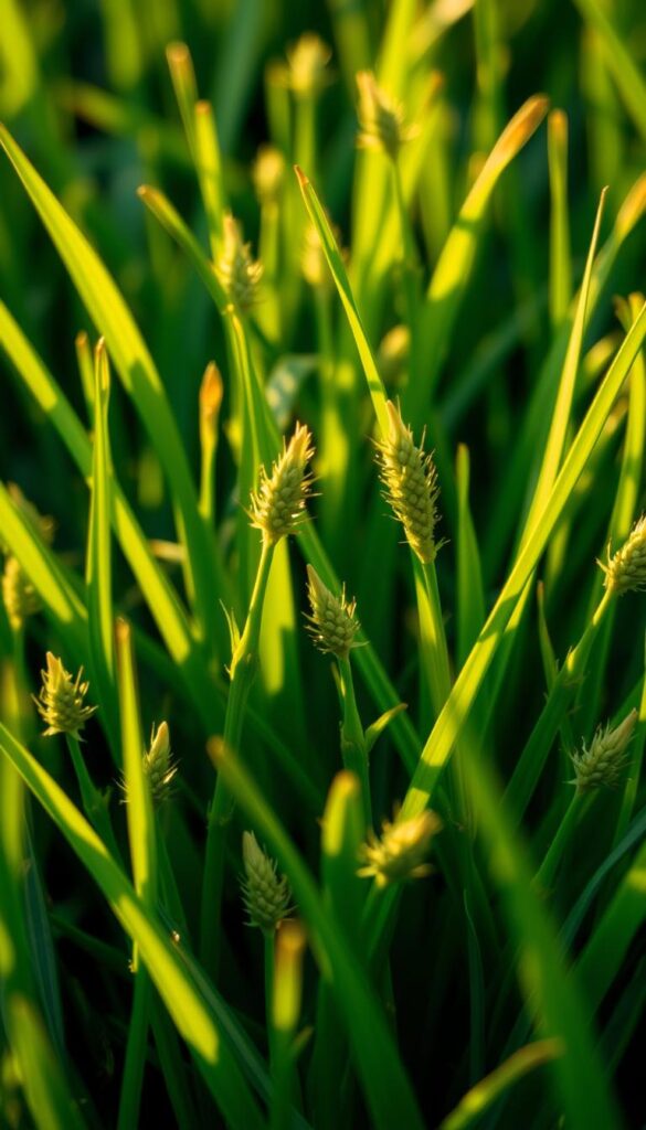 A lush, close-up view of vibrant green grass seed heads, their delicate florets and awns illuminated by warm, golden-hour lighting. The seeds are arranged in a natural, organic composition, with a shallow depth of field that softly blurs the background. The scene conveys a sense of abundant growth and potential, with the seeds appearing tactile and inviting. Captured with a high-resolution macro lens for maximum clarity and detail, the image exudes a sense of vitality and anticipation, perfectly suited to illustrate the section on seeding and overseeding for a lush, green lawn. A lush, close-up view of vibrant green grass seed heads, their delicate florets and awns illuminated by warm, golden-hour lighting. The seeds are arranged in a natural, organic composition, with a shallow depth of field that softly blurs the background. The scene conveys a sense of abundant growth and potential, with the seeds appearing tactile and inviting. Captured with a high-resolution macro lens for maximum clarity and detail, the image exudes a sense of vitality and anticipation, perfectly suited to illustrate the section on seeding and overseeding for a lush, green lawn.