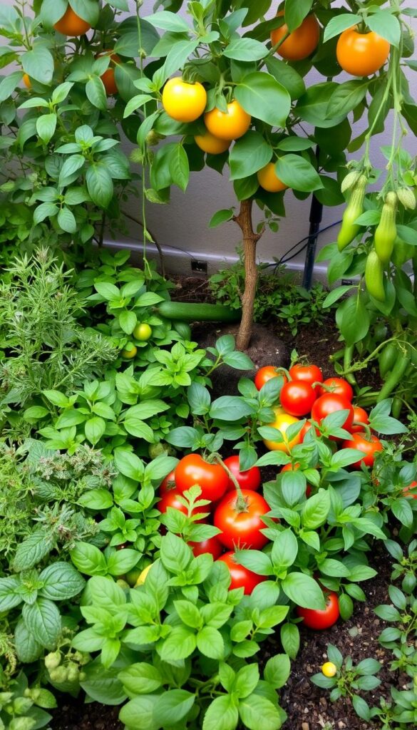 A lush, compact garden filled with vibrant herbs, petite vegetables, and dwarf fruit trees. In the foreground, a carefully curated arrangement of leafy basil, aromatic rosemary, and bushy thyme. The middle ground showcases compact tomato plants, miniature bell peppers, and dwarf zucchini, their colors popping against a backdrop of earthy tones. Trailing vines of climbing beans and compact cucumber plants frame the scene, leading the eye to the centerpiece - a small, well-pruned dwarf citrus tree bearing ripe fruit. Soft, natural lighting filters through the leaves, casting gentle shadows and highlighting the garden's bountiful harvest. The overall impression is one of abundance and efficient use of limited space, creating a visually striking and productive small-scale oasis. A lush, compact garden filled with vibrant herbs, petite vegetables, and dwarf fruit trees. In the foreground, a carefully curated arrangement of leafy basil, aromatic rosemary, and bushy thyme. The middle ground showcases compact tomato plants, miniature bell peppers, and dwarf zucchini, their colors popping against a backdrop of earthy tones. Trailing vines of climbing beans and compact cucumber plants frame the scene, leading the eye to the centerpiece - a small, well-pruned dwarf citrus tree bearing ripe fruit. Soft, natural lighting filters through the leaves, casting gentle shadows and highlighting the garden's bountiful harvest. The overall impression is one of abundance and efficient use of limited space, creating a visually striking and productive small-scale oasis.