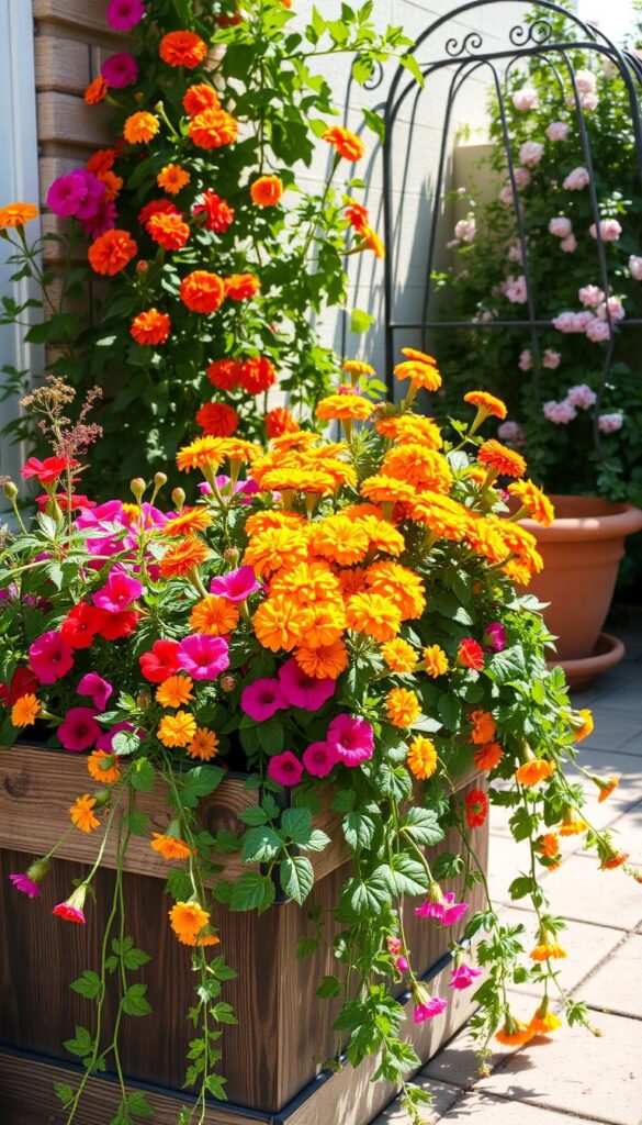 A lush container garden overflowing with vibrant blooms, sunlight dappling the scene. In the foreground, a mix of trailing vines, colorful annuals, and cascading petunias spill from a weathered wooden planter. The middle ground features a terracotta pot brimming with cheerful marigolds, their golden hues complementing the rich green foliage. In the background, a wrought-iron trellis supports a climbing vine, its delicate flowers adding a romantic touch. The overall composition radiates a sense of warmth, joy, and the beauty that can be achieved in even the smallest of outdoor spaces. A lush container garden overflowing with vibrant blooms, sunlight dappling the scene. In the foreground, a mix of trailing vines, colorful annuals, and cascading petunias spill from a weathered wooden planter. The middle ground features a terracotta pot brimming with cheerful marigolds, their golden hues complementing the rich green foliage. In the background, a wrought-iron trellis supports a climbing vine, its delicate flowers adding a romantic touch. The overall composition radiates a sense of warmth, joy, and the beauty that can be achieved in even the smallest of outdoor spaces.