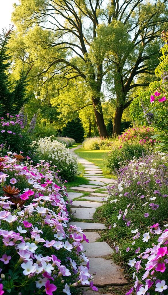 A lush, cottage-style planting border fills the foreground, overflowing with a vibrant tapestry of soft pink, lavender, and white blooms. Delicate flowers sway gently in the warm breeze, their petals dancing with a mesmerizing rhythm. In the middle ground, a gently winding stone pathway meanders through the verdant foliage, inviting the viewer to step inside this enchanting scene. Towering trees in the background cast a warm, dappled light, creating a cozy, pastoral atmosphere. The overall composition evokes a sense of tranquility and pastoral charm, perfectly capturing the essence of a quintessential cottage garden. A lush, cottage-style planting border fills the foreground, overflowing with a vibrant tapestry of soft pink, lavender, and white blooms. Delicate flowers sway gently in the warm breeze, their petals dancing with a mesmerizing rhythm. In the middle ground, a gently winding stone pathway meanders through the verdant foliage, inviting the viewer to step inside this enchanting scene. Towering trees in the background cast a warm, dappled light, creating a cozy, pastoral atmosphere. The overall composition evokes a sense of tranquility and pastoral charm, perfectly capturing the essence of a quintessential cottage garden.