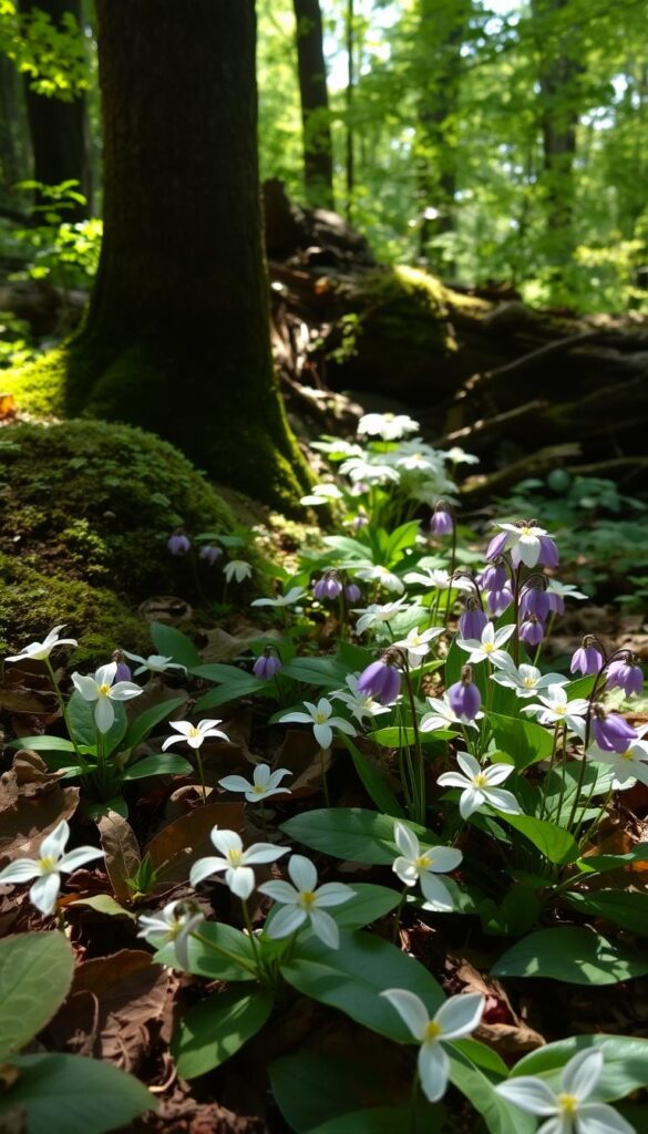 A lush, dappled woodland scene filled with early spring blooms. In the foreground, clusters of delicate white trillium and violet-hued hepatica peek through the leaf litter, their petals illuminated by soft, filtered sunlight. Deeper into the shadowy understory, mayapple plants unfurl their umbrella-like leaves, revealing hidden nodding flowers. The background is a verdant tapestry of ferns, mosses, and towering tree trunks, creating a serene, enchanted atmosphere. Capture this peaceful, nature-inspired setting with a shallow depth of field, emphasizing the tranquil, painterly quality of the scene.