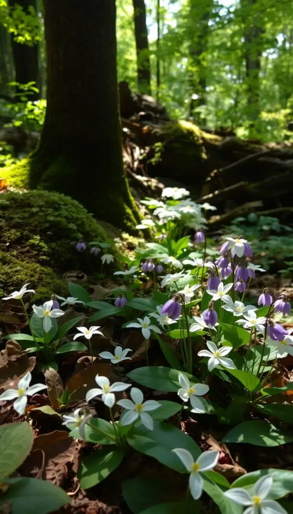 A lush, dappled woodland scene filled with early spring blooms. In the foreground, clusters of delicate white trillium and violet-hued hepatica peek through the leaf litter, their petals illuminated by soft, filtered sunlight. Deeper into the shadowy understory, mayapple plants unfurl their umbrella-like leaves, revealing hidden nodding flowers. The background is a verdant tapestry of ferns, mosses, and towering tree trunks, creating a serene, enchanted atmosphere. Capture this peaceful, nature-inspired setting with a shallow depth of field, emphasizing the tranquil, painterly quality of the scene. A lush, dappled woodland scene filled with early spring blooms. In the foreground, clusters of delicate white trillium and violet-hued hepatica peek through the leaf litter, their petals illuminated by soft, filtered sunlight. Deeper into the shadowy understory, mayapple plants unfurl their umbrella-like leaves, revealing hidden nodding flowers. The background is a verdant tapestry of ferns, mosses, and towering tree trunks, creating a serene, enchanted atmosphere. Capture this peaceful, nature-inspired setting with a shallow depth of field, emphasizing the tranquil, painterly quality of the scene.