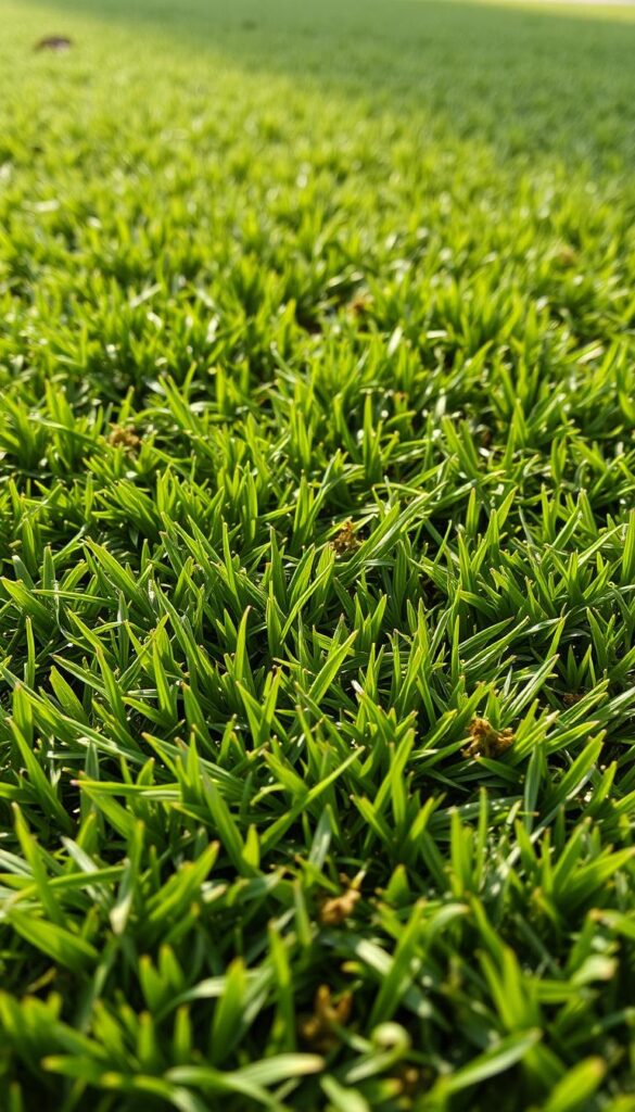A lush, dense carpet of resilient turf, showcasing a mix of hardy grass species in various shades of vibrant green. The turf appears thick and durable, with a uniform texture and slight sheen, indicating optimal soil conditions and hydration. The foreground features a close-up view, allowing the viewer to appreciate the intricate details of the blades, while the middle ground and background gradually transition to a softer, more naturalistic focus, creating a sense of depth and immersion. The lighting is soft and even, casting subtle shadows that accentuate the contours and individual tufts of grass, evoking a healthy, well-maintained lawn. An overall earthy, serene atmosphere permeates the scene, conveying the idea of a robust, low-maintenance turf that can withstand the demands of a dog-friendly environment.