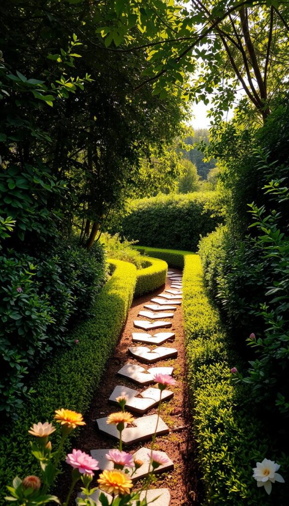 A lush, diagonal garden path winds through a small, intimate space. Vibrant foliage lines the edges, creating a sense of depth and flow. Dappled sunlight filters through the canopy above, casting a warm, golden glow. Carefully placed stepping stones guide the eye, leading the viewer deeper into the tranquil scene. Sculpted hedges and blooming flowers in the foreground frame the composition, while a subtle backdrop of greenery and the suggestion of a distant structure add a sense of scale and context. The overall atmosphere is one of serene, natural beauty, inviting the viewer to explore and immerse themselves in this cozy, yet visually captivating, small garden oasis. A lush, diagonal garden path winds through a small, intimate space. Vibrant foliage lines the edges, creating a sense of depth and flow. Dappled sunlight filters through the canopy above, casting a warm, golden glow. Carefully placed stepping stones guide the eye, leading the viewer deeper into the tranquil scene. Sculpted hedges and blooming flowers in the foreground frame the composition, while a subtle backdrop of greenery and the suggestion of a distant structure add a sense of scale and context. The overall atmosphere is one of serene, natural beauty, inviting the viewer to explore and immerse themselves in this cozy, yet visually captivating, small garden oasis.