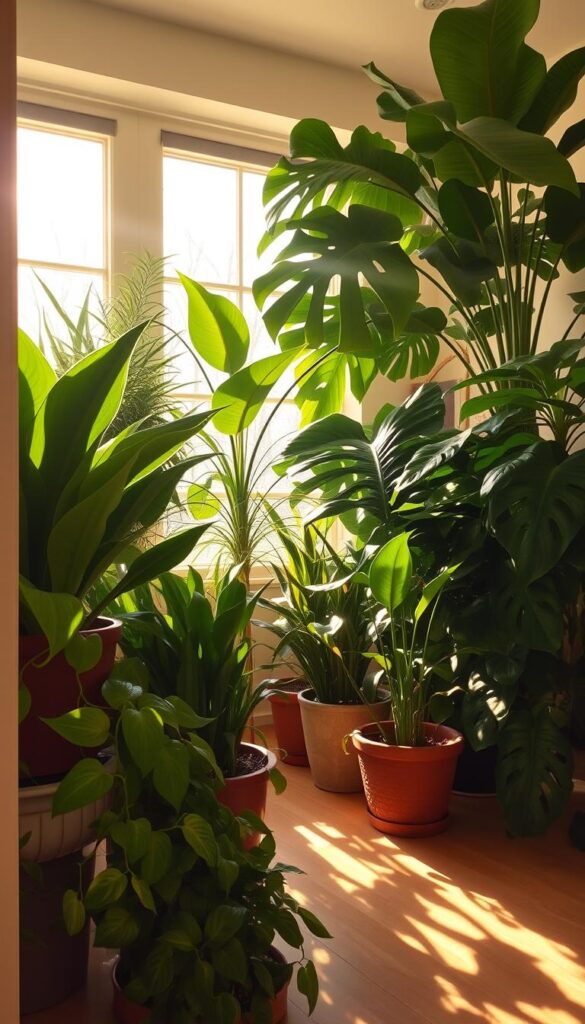 A lush, diverse array of indoor plants standing tall in a cozy, sunlit alcove. In the foreground, a verdant pothos trails gracefully, its leaves glistening. Flanking it, a resilient snake plant and a stately peace lily, their foliage vibrant despite the winter chill. In the middle ground, a thriving jade plant and a thriving fiddle-leaf fig bask in the warm, soft lighting, casting gentle shadows across the scene. In the background, a tall, leafy monstera and a towering rubber tree stand guard, their broad leaves catching the golden rays of the winter sun streaming through large windows. The overall atmosphere is one of tranquility and resilience, a testament to the hardiness of these overwintering plants.