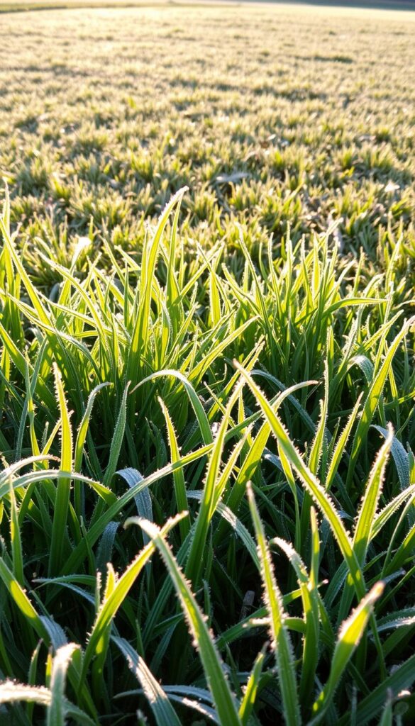 A lush, diverse lawn with regional cues showcasing the nuances of frost-resistant grass species. Crisp, golden morning light filters through the blades, highlighting their unique textures and hues. Delicate frost crystals glisten on the tips, creating a serene, wintry atmosphere. In the foreground, a mix of cool-season and warm-season grasses intermingle, their blades gently swaying. The middle ground reveals subtle color gradients, from deep emerald to pale sage, reflecting the natural variations across the landscape. In the distance, a subtle rise in the terrain adds depth and dimension, hinting at the broader regional context. The overall composition conveys a sense of harmonious coexistence, where the lawn adapts to the demands of the changing seasons.