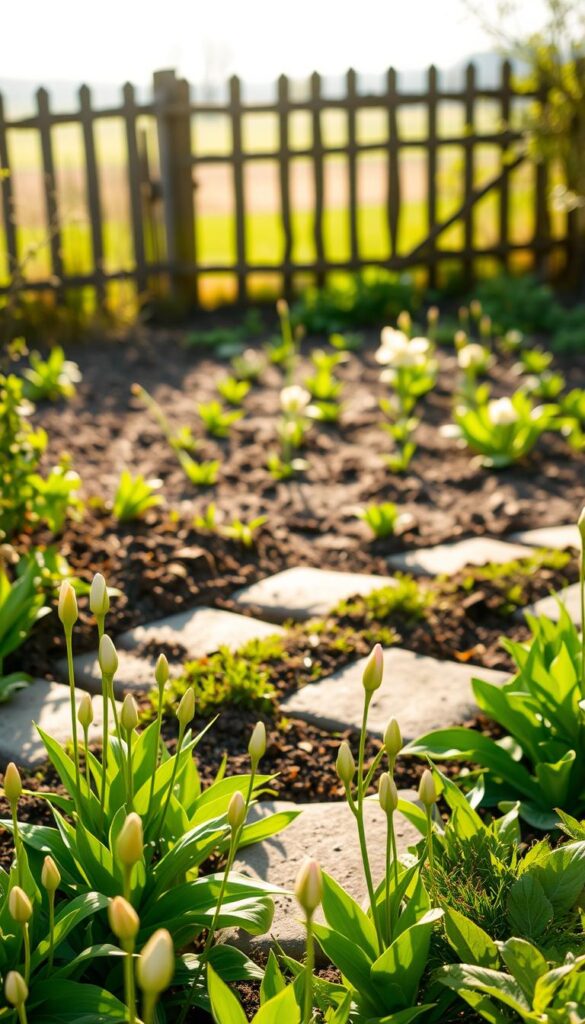 A lush, early spring garden scene, captured in natural daylight with a warm, golden glow. In the foreground, a meandering stone path winds through a mix of vibrant green foliage and delicate flower buds just beginning to bloom. The middle ground features a well-tended vegetable patch, its soil freshly tilled and ready for planting. In the background, a picturesque wooden fence frames a serene, sun-dappled landscape, hinting at the promise of the growing season to come. The overall atmosphere is one of tranquility and anticipation, inviting the viewer to embark on an early spring walkthrough and plan for the abundant harvest ahead.