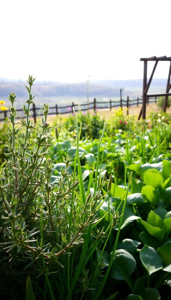 A lush, early spring garden with vibrant, cool-weather herbs thriving in the soft, diffused light of the season. In the foreground, a bountiful display of verdant rosemary, fragrant thyme, and delicate chives, their leaves glistening with morning dew. The middle ground reveals a mix of tender greens, such as spinach and kale, their broad leaves unfurling and reaching towards the sun. In the background, a gently rolling landscape of rolling hills, dotted with blooming spring flowers and the occasional glimpse of a weathered wooden fence or trellis. The atmosphere is serene and tranquil, with a sense of renewal and growth permeating the scene.