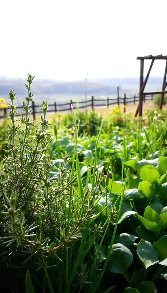 A lush, early spring garden with vibrant, cool-weather herbs thriving in the soft, diffused light of the season. In the foreground, a bountiful display of verdant rosemary, fragrant thyme, and delicate chives, their leaves glistening with morning dew. The middle ground reveals a mix of tender greens, such as spinach and kale, their broad leaves unfurling and reaching towards the sun. In the background, a gently rolling landscape of rolling hills, dotted with blooming spring flowers and the occasional glimpse of a weathered wooden fence or trellis. The atmosphere is serene and tranquil, with a sense of renewal and growth permeating the scene. A lush, early spring garden with vibrant, cool-weather herbs thriving in the soft, diffused light of the season. In the foreground, a bountiful display of verdant rosemary, fragrant thyme, and delicate chives, their leaves glistening with morning dew. The middle ground reveals a mix of tender greens, such as spinach and kale, their broad leaves unfurling and reaching towards the sun. In the background, a gently rolling landscape of rolling hills, dotted with blooming spring flowers and the occasional glimpse of a weathered wooden fence or trellis. The atmosphere is serene and tranquil, with a sense of renewal and growth permeating the scene.