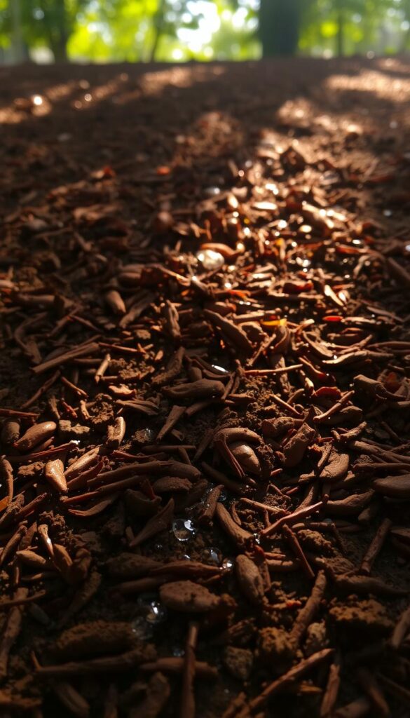 A lush, earthy landscape with a rich, dark soil blanketed in a thick layer of organic mulch. Dappled sunlight filters through the canopy, casting warm, golden hues across the scene. Droplets of water glisten on the mulch, reflecting the light and adding a subtle sheen to the surface. The soil below is moist and inviting, beckoning the viewer to imagine the thriving plant life it supports. The composition balances the textural contrast between the coarse mulch and the smooth, damp soil, creating a harmonious, natural atmosphere that evokes a sense of nurturing and protection.