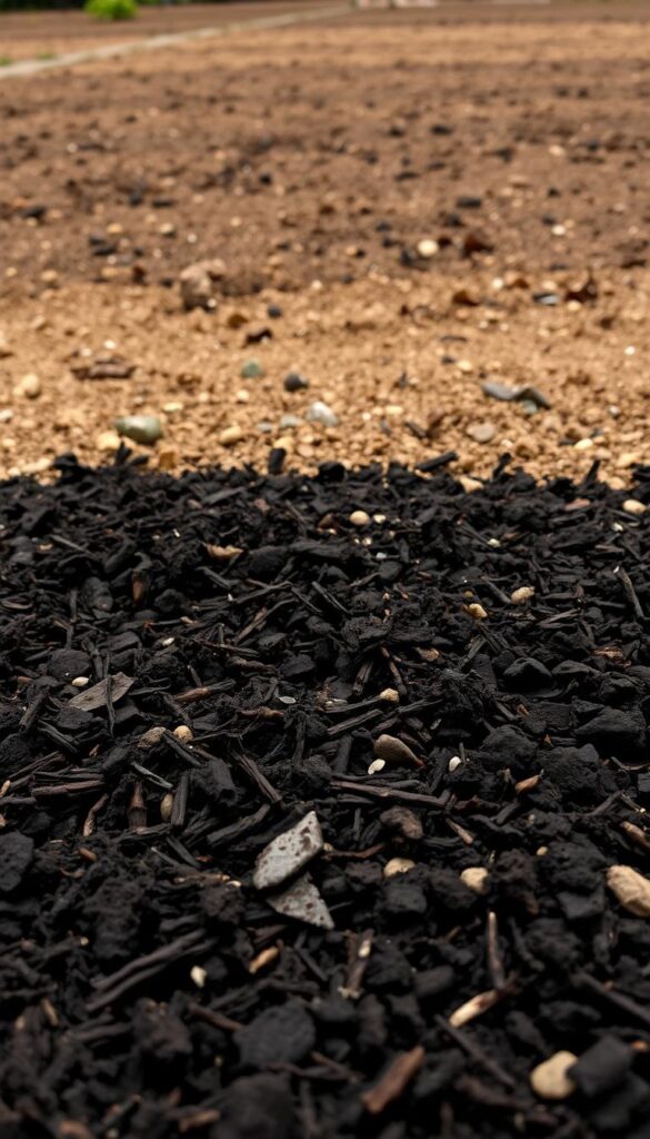 A lush, earthy scene featuring a close-up view of freshly applied mulch and soil. In the foreground, a thick layer of dark, nutrient-rich compost covers the ground, its texture and hues evocative of a healthy, thriving garden bed. Blending seamlessly into the middle ground, the soil is a deep, warm brown, dotted with small pebbles and organic matter that suggest excellent drainage and aeration. Soft, diffused lighting from above casts a gentle glow, creating a sense of depth and dimension. The overall mood is one of calm, tranquility, and the promise of vibrant plant growth to come, setting the stage for a flourishing floral display.