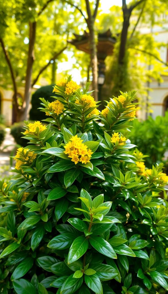 A lush, evergreen shrub with glossy, leathery leaves in a verdant garden setting. The plant has clusters of bright yellow flowers that emerge from the foliage, casting a warm glow. Soft, dappled sunlight filters through the surrounding trees, creating a serene and inviting atmosphere. The shrub is positioned in the mid-ground, with a blurred background of other greenery and architectural details. The composition is balanced, with the shrub's form and texture as the focal point. Capture this scene with a medium-wide lens, using natural lighting to accentuate the plant's vibrant colors and textures. A lush, evergreen shrub with glossy, leathery leaves in a verdant garden setting. The plant has clusters of bright yellow flowers that emerge from the foliage, casting a warm glow. Soft, dappled sunlight filters through the surrounding trees, creating a serene and inviting atmosphere. The shrub is positioned in the mid-ground, with a blurred background of other greenery and architectural details. The composition is balanced, with the shrub's form and texture as the focal point. Capture this scene with a medium-wide lens, using natural lighting to accentuate the plant's vibrant colors and textures.