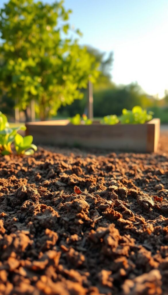 A lush, fertile soil bed in a serene garden setting, with a warm, golden afternoon sunlight bathing the scene. The foreground features a close-up view of the rich, loamy earth, its texture and color showcasing the perfect balance of organic matter, minerals, and microorganisms that support vibrant plant growth. The middle ground reveals a well-tended raised garden bed, its edges neatly trimmed, ready to host a variety of companion plants. In the background, a subtle blur of lush foliage and a clear, cloudless sky create a sense of tranquility and abundance. The overall composition conveys a sense of confidence and preparedness for a bountiful harvest, in line with the article's subject.