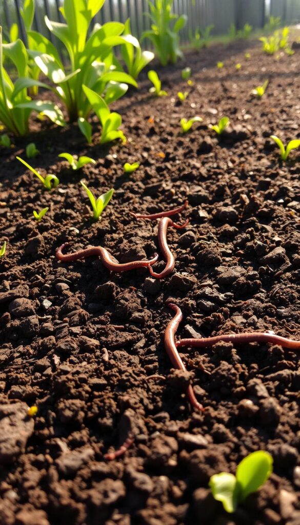 A lush, fertile soil bed in a sun-dappled spring garden, the topsoil dark and rich, teeming with life. Close-up view, highlighting the organic matter, earthworms, and microbial activity that gives the soil its vitality. Textured surface with a slight moist sheen, surrounded by verdant foliage and the soft, warm lighting of the golden hour. A sense of anticipation and potential, as this nourishing foundation prepares to support a bountiful vegetable harvest.