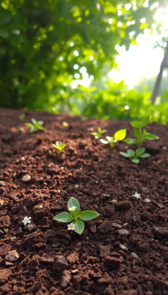 A lush, fertile soil with a rich, dark brown hue, teeming with organic matter and nutrients. Sunlight filters through a canopy of verdant foliage, casting a warm, natural glow on the ground below. The soil's texture is crumbly and inviting, perfectly suited for healthy root growth. Scattered throughout are small pebbles and delicate wildflowers, adding a touch of natural beauty. The overall scene conveys a sense of vitality and potential for vibrant plant life to thrive, setting the stage for a flourishing hydrangea garden. A lush, fertile soil with a rich, dark brown hue, teeming with organic matter and nutrients. Sunlight filters through a canopy of verdant foliage, casting a warm, natural glow on the ground below. The soil's texture is crumbly and inviting, perfectly suited for healthy root growth. Scattered throughout are small pebbles and delicate wildflowers, adding a touch of natural beauty. The overall scene conveys a sense of vitality and potential for vibrant plant life to thrive, setting the stage for a flourishing hydrangea garden.