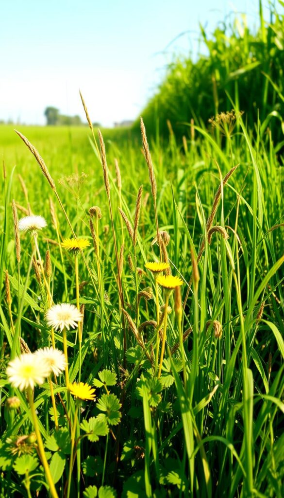 A lush field of vibrant green weeds, their delicate leaves and stems swaying gently in the warm afternoon sunlight. In the foreground, an assortment of dandelions, clover, and plantain plants stand tall, their cheerful yellow and white blossoms dotting the scene. The mid-ground is filled with a variety of grassy weeds, their long, flowing tendrils creating a natural, untamed texture. In the background, a soft, hazy blur of verdant foliage and a clear, azure sky sets a peaceful, serene atmosphere. The image is captured with a wide-angle lens, providing a sweeping, panoramic view that emphasizes the organic, untamed beauty of these resilient plants.