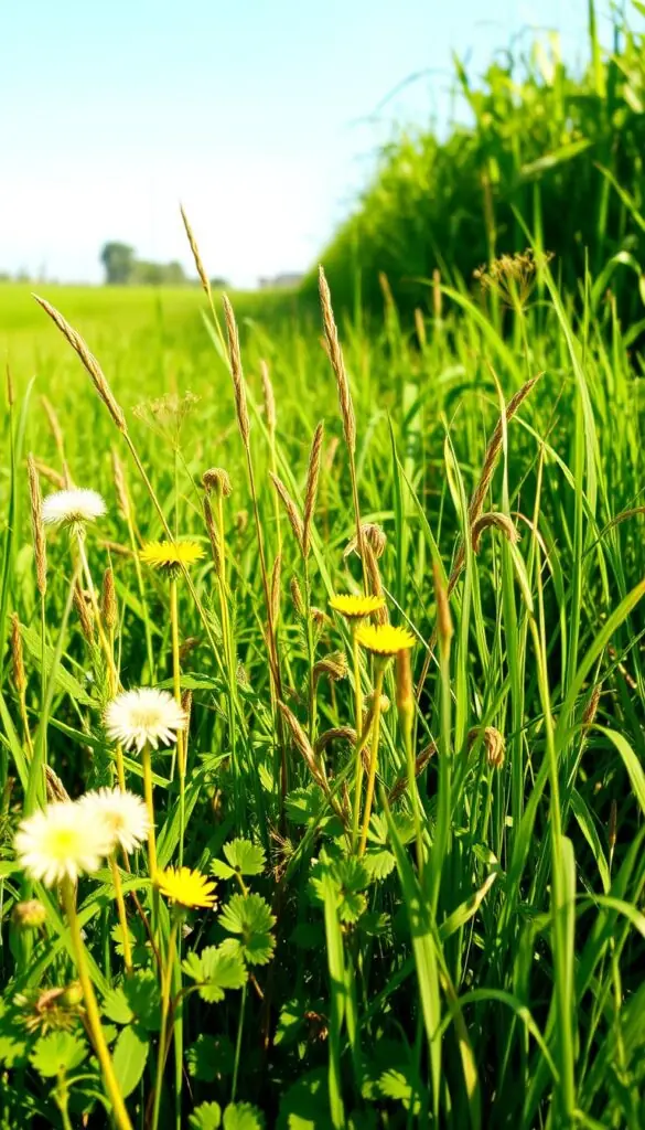 A lush field of vibrant green weeds, their delicate leaves and stems swaying gently in the warm afternoon sunlight. In the foreground, an assortment of dandelions, clover, and plantain plants stand tall, their cheerful yellow and white blossoms dotting the scene. The mid-ground is filled with a variety of grassy weeds, their long, flowing tendrils creating a natural, untamed texture. In the background, a soft, hazy blur of verdant foliage and a clear, azure sky sets a peaceful, serene atmosphere. The image is captured with a wide-angle lens, providing a sweeping, panoramic view that emphasizes the organic, untamed beauty of these resilient plants. A lush field of vibrant green weeds, their delicate leaves and stems swaying gently in the warm afternoon sunlight. In the foreground, an assortment of dandelions, clover, and plantain plants stand tall, their cheerful yellow and white blossoms dotting the scene. The mid-ground is filled with a variety of grassy weeds, their long, flowing tendrils creating a natural, untamed texture. In the background, a soft, hazy blur of verdant foliage and a clear, azure sky sets a peaceful, serene atmosphere. The image is captured with a wide-angle lens, providing a sweeping, panoramic view that emphasizes the organic, untamed beauty of these resilient plants.