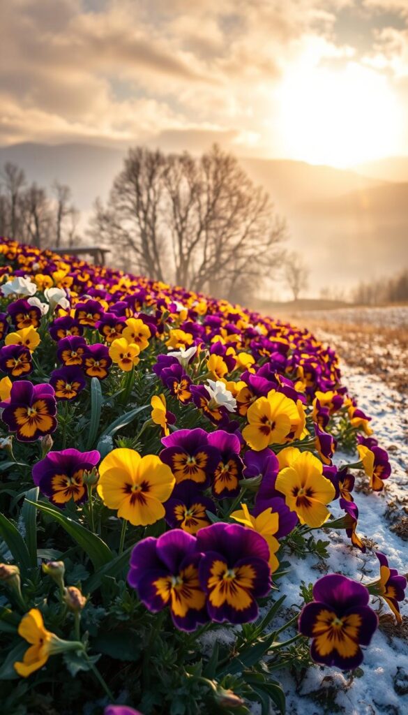 A lush field of vibrant pansies blooms against a backdrop of soft, muted winter tones. The flowers' velvety petals in shades of deep purple, sunny yellow, and radiant white stand out in stark contrast to the dusting of snow on the ground. Warm golden sunlight filters through wispy clouds, casting a gentle glow over the scene. The composition is balanced, with the pansies filling the foreground and middle ground, while the distant trees and hills recede into the hazy, atmospheric background. An overall sense of tranquility and resilience pervades the image, highlighting the ability of these hardy, cold-season blooms to thrive even in the midst of winter's chill. A lush field of vibrant pansies blooms against a backdrop of soft, muted winter tones. The flowers' velvety petals in shades of deep purple, sunny yellow, and radiant white stand out in stark contrast to the dusting of snow on the ground. Warm golden sunlight filters through wispy clouds, casting a gentle glow over the scene. The composition is balanced, with the pansies filling the foreground and middle ground, while the distant trees and hills recede into the hazy, atmospheric background. An overall sense of tranquility and resilience pervades the image, highlighting the ability of these hardy, cold-season blooms to thrive even in the midst of winter's chill.