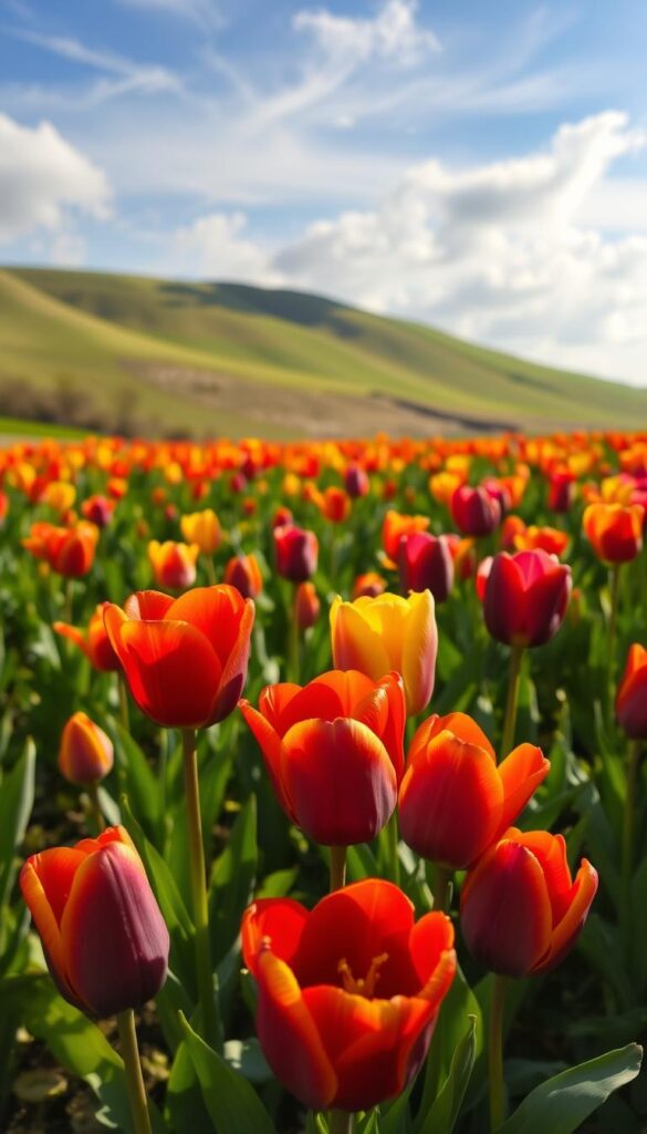 A lush field of vibrant tulips in full bloom, their petals unfurling in the gentle spring breeze. The foreground features a cluster of tulips in a range of warm hues - ruby red, sunshine yellow, and deep purple, all bathed in soft, diffused sunlight. The middle ground showcases additional tulips in varying stages of growth, creating a sense of depth and natural progression. In the background, a gently rolling hillside provides a serene, pastoral backdrop, with wispy clouds drifting overhead. The overall scene evokes a feeling of tranquility, beauty, and the promise of a bountiful spring season. A lush field of vibrant tulips in full bloom, their petals unfurling in the gentle spring breeze. The foreground features a cluster of tulips in a range of warm hues - ruby red, sunshine yellow, and deep purple, all bathed in soft, diffused sunlight. The middle ground showcases additional tulips in varying stages of growth, creating a sense of depth and natural progression. In the background, a gently rolling hillside provides a serene, pastoral backdrop, with wispy clouds drifting overhead. The overall scene evokes a feeling of tranquility, beauty, and the promise of a bountiful spring season.