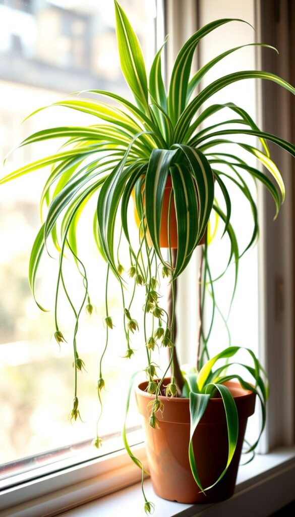 A lush, flourishing spider plant with vibrant, arching foliage cascading from a terracotta pot on a sun-drenched windowsill. The broad, green leaves with distinctive white stripes create a captivating, sculptural silhouette against the warm, natural light filtering through the glass. The plant's numerous offsets, or "spiderettes", dangle gracefully, ready to be propagated and shared. The scene exudes a sense of effortless growth and vitality, perfectly encapsulating the spider plant's resilience and easy-care nature. Captured with a shallow depth of field, the image focuses attention on the plant's intricate details and lively presence, inspiring a desire to cultivate this thriving, low-maintenance companion for any bright indoor space.