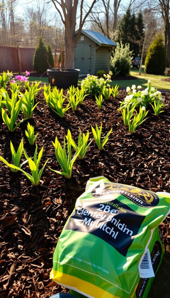 A lush flower bed in early spring, the soil covered in a fresh layer of rich, dark brown mulch. Sunlight filters through the new foliage, casting warm, soft shadows across the mulched surface. In the foreground, neatly arranged bags of premium mulch await application, their earthy tones complementing the verdant plants. The middle ground shows the mulch being carefully spread around the base of emerging flowers and shrubs, creating a cohesive, polished look. In the background, a picturesque garden shed stands as a rustic backdrop, hinting at the careful tending this vibrant floral display receives throughout the seasons.