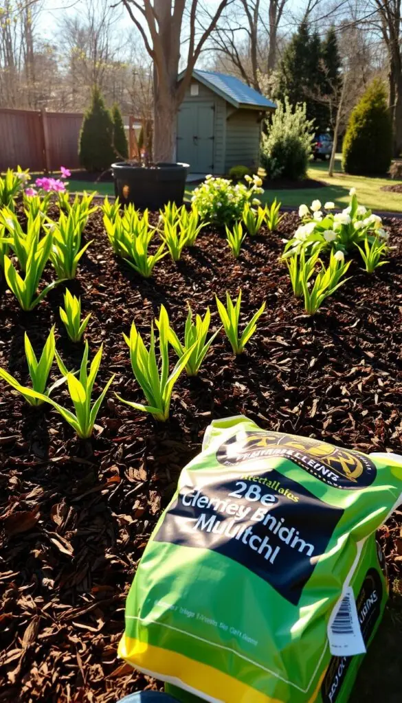 A lush flower bed in early spring, the soil covered in a fresh layer of rich, dark brown mulch. Sunlight filters through the new foliage, casting warm, soft shadows across the mulched surface. In the foreground, neatly arranged bags of premium mulch await application, their earthy tones complementing the verdant plants. The middle ground shows the mulch being carefully spread around the base of emerging flowers and shrubs, creating a cohesive, polished look. In the background, a picturesque garden shed stands as a rustic backdrop, hinting at the careful tending this vibrant floral display receives throughout the seasons. A lush flower bed in early spring, the soil covered in a fresh layer of rich, dark brown mulch. Sunlight filters through the new foliage, casting warm, soft shadows across the mulched surface. In the foreground, neatly arranged bags of premium mulch await application, their earthy tones complementing the verdant plants. The middle ground shows the mulch being carefully spread around the base of emerging flowers and shrubs, creating a cohesive, polished look. In the background, a picturesque garden shed stands as a rustic backdrop, hinting at the careful tending this vibrant floral display receives throughout the seasons.