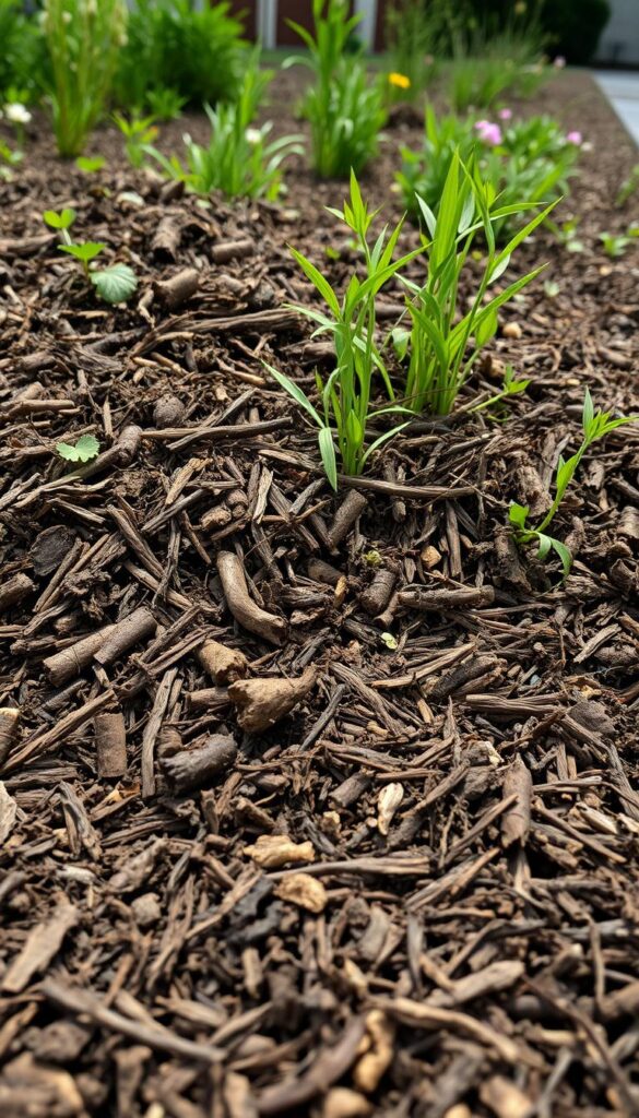 A lush flower bed is being smothered by a thick, uneven layer of mulch. The foreground reveals a jumble of rotting organic matter, compacted soil, and stunted plant growth. In the middle ground, invasive weeds have taken root, their tendrils snaking through the suffocating mulch. The background depicts a once-vibrant garden, now dull and lifeless, illuminated by harsh, flat lighting that emphasizes the mistakes. The overall scene conveys a sense of neglect and missed opportunities, a cautionary tale about the importance of proper mulching techniques. The image should be captured from a low angle, with a wide depth of field to highlight the layered textures and deterioration.