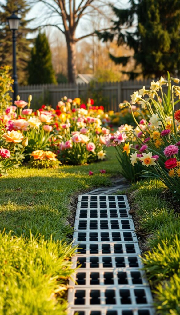 A lush flower garden with a focus on the drainage system. In the foreground, a gently sloping grassy pathway leads to a series of grated drainage channels, their metallic surfaces gleaming under the warm, golden sunlight. In the middle ground, vibrant blooms of various colors - roses, lilies, and daffodils - surround the drainage system, their roots reaching deep into the soil. In the background, a wooden fence and a few towering trees frame the scene, casting soft shadows across the garden. The overall mood is one of tranquility and careful attention to the details of gardening, emphasizing the importance of proper drainage to maintain the health and beauty of the flower beds. A lush flower garden with a focus on the drainage system. In the foreground, a gently sloping grassy pathway leads to a series of grated drainage channels, their metallic surfaces gleaming under the warm, golden sunlight. In the middle ground, vibrant blooms of various colors - roses, lilies, and daffodils - surround the drainage system, their roots reaching deep into the soil. In the background, a wooden fence and a few towering trees frame the scene, casting soft shadows across the garden. The overall mood is one of tranquility and careful attention to the details of gardening, emphasizing the importance of proper drainage to maintain the health and beauty of the flower beds.