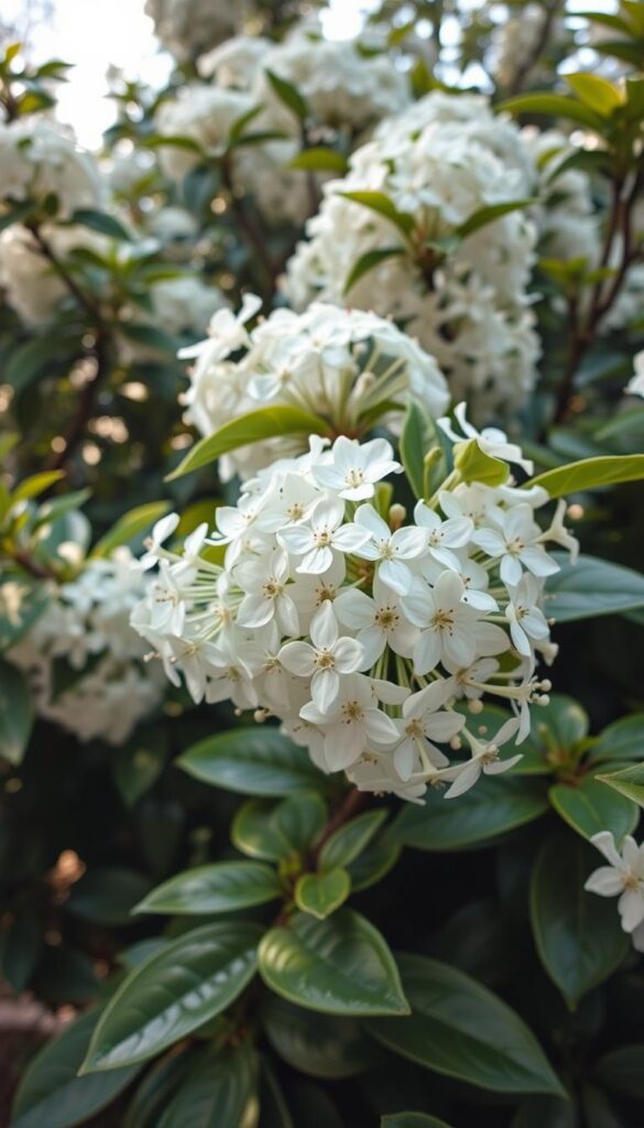 A lush, fragrant Korean spice viburnum shrub in full bloom, its delicate white blossoms gently swaying in the spring breeze. Soft, diffused natural light bathes the scene, casting a warm, ethereal glow. The plant's glossy green foliage provides a verdant backdrop, framing the captivating floral display. The camera angle is slightly elevated, offering a harmonious, eye-level perspective that invites the viewer to immerse themselves in the tranquil, floral-scented ambiance. The overall mood is serene, elegant, and celebration of the natural world's beauty in springtime. A lush, fragrant Korean spice viburnum shrub in full bloom, its delicate white blossoms gently swaying in the spring breeze. Soft, diffused natural light bathes the scene, casting a warm, ethereal glow. The plant's glossy green foliage provides a verdant backdrop, framing the captivating floral display. The camera angle is slightly elevated, offering a harmonious, eye-level perspective that invites the viewer to immerse themselves in the tranquil, floral-scented ambiance. The overall mood is serene, elegant, and celebration of the natural world's beauty in springtime.