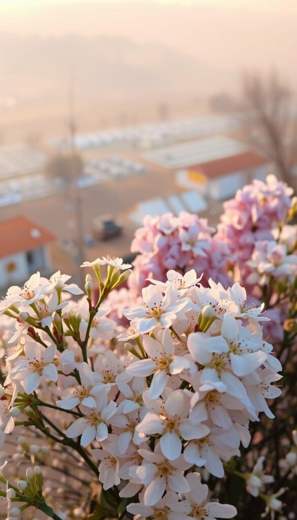 A lush, fragrant bouquet of winter-blooming flowers, illuminated by warm, soft lighting. In the foreground, delicate white blossoms with delicate petals and a sweet, inviting scent. In the middle ground, clusters of pale pink and lavender flowers, their petals unfurling gracefully. The background is a hazy, dreamy landscape, with a sense of tranquility and peace. The image conveys a serene, calming atmosphere, perfect for a cozy winter day.