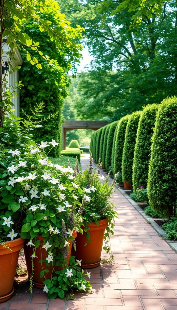A lush, fragrant entryway with an abundance of potted plants, their vibrant foliage and delicate blooms adding a welcoming charm. In the foreground, a cluster of trailing vines and sweetly scented flowers like jasmine and lavender spill over the edges of terracotta pots, their soft hues contrasting with the warm, aged brick pavers underfoot. Beyond, a row of neatly trimmed boxwood bushes frame the path, their verdant leaves rustling gently in the afternoon breeze. Dappled sunlight filters through the overhead canopy of trees, casting a soft, natural glow across the scene and highlighting the rich textures of the plants. An inviting, sensory-filled oasis that immediately envelops visitors in its aromatic embrace. A lush, fragrant entryway with an abundance of potted plants, their vibrant foliage and delicate blooms adding a welcoming charm. In the foreground, a cluster of trailing vines and sweetly scented flowers like jasmine and lavender spill over the edges of terracotta pots, their soft hues contrasting with the warm, aged brick pavers underfoot. Beyond, a row of neatly trimmed boxwood bushes frame the path, their verdant leaves rustling gently in the afternoon breeze. Dappled sunlight filters through the overhead canopy of trees, casting a soft, natural glow across the scene and highlighting the rich textures of the plants. An inviting, sensory-filled oasis that immediately envelops visitors in its aromatic embrace.