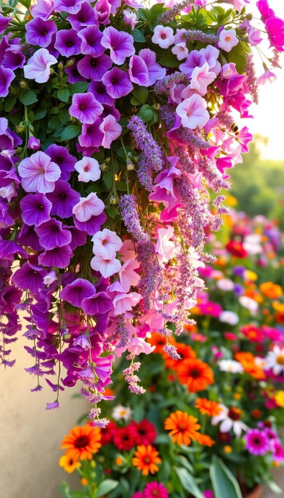 A lush, fragrant hanging basket filled with an enchanting array of blooming flowers. In the foreground, cascading trails of vibrant petunias in shades of purple, pink, and white spill over the edges, their delicate scent wafting through the air. In the middle ground, clusters of soft, fuzzy lavender blossoms add a calming, soothing presence, attracting a gentle flutter of honeybees. The background features a variety of nectar-rich annuals like zinnias, cosmos, and marigolds, creating a vibrant tapestry of color that dances in the warm, golden light. The entire scene is captured with a soft, dreamlike focus, evoking a sense of serene beauty and natural harmony.