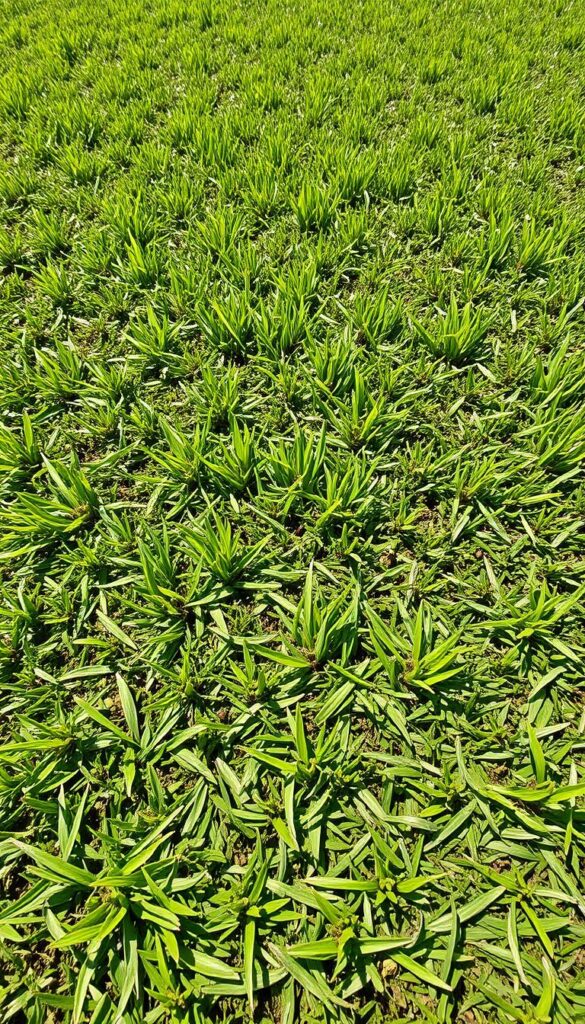 A lush, freshly laid sod lawn turf covering the ground, with blades of bright green grass neatly aligned in a uniform pattern. The turf appears supple and healthy, with a slight sheen reflecting the natural sunlight overhead. The grass extends across the entire frame, creating a seamless, picturesque landscape. The image captures the texture and vibrancy of the sod, showcasing its ability to instantly transform a bare, patchy area into a verdant, lush lawn. The scene conveys a sense of tranquility and rejuvenation, inviting the viewer to imagine the immediate impact of this lawn renovation solution.