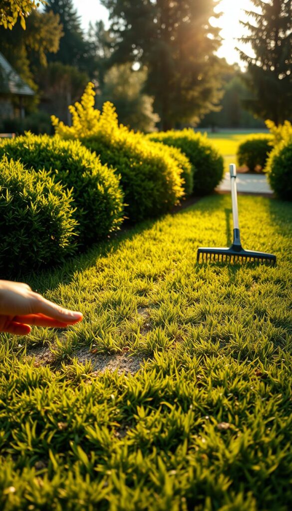 A lush, freshly overseeded lawn bathed in warm, golden sunlight. In the foreground, a hand gently scattering grass seed across the soil, while in the middle ground, a rake smooths the surface. In the background, verdant shrubs and trees frame the scene, conveying a sense of tranquility. The lighting is soft and diffused, creating a serene, natural atmosphere. The camera angle is slightly elevated, offering a birds-eye view of the lawn-care process. The overall mood is one of simplicity, practicality, and the satisfaction of a well-maintained outdoor space.