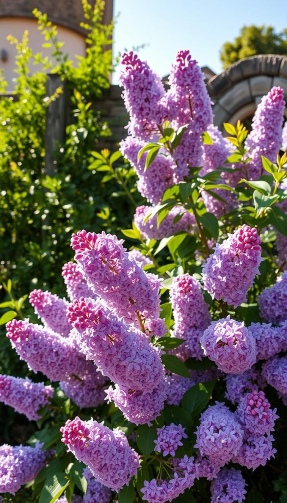 A lush, full-bloom lilac bush basking in the warm afternoon sun, its clusters of delicate lavender florets gently swaying in a soft breeze. The flowers fill the frame, their sweet, intoxicating scent wafting through the air. The bush is situated in a charming cottage-style garden, with a backdrop of verdant foliage and a picturesque stone wall. Crisp, high-contrast lighting accentuates the vibrant colors and fine details of the blossoms, creating a timeless, classic aesthetic. The overall scene evokes the tranquil beauty and old-world charm of a traditional English country garden. A lush, full-bloom lilac bush basking in the warm afternoon sun, its clusters of delicate lavender florets gently swaying in a soft breeze. The flowers fill the frame, their sweet, intoxicating scent wafting through the air. The bush is situated in a charming cottage-style garden, with a backdrop of verdant foliage and a picturesque stone wall. Crisp, high-contrast lighting accentuates the vibrant colors and fine details of the blossoms, creating a timeless, classic aesthetic. The overall scene evokes the tranquil beauty and old-world charm of a traditional English country garden.