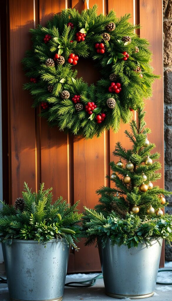 A lush, full-bodied evergreen wreath adorned with pine cones, holly, and clusters of red berries, hanging on a rustic wooden door. In the foreground, a pair of silver-toned planters overflowing with fragrant, frost-resistant greenery such as boxwood, juniper, and eucalyptus. In the middle ground, a small, expertly trimmed live Christmas tree stands tall, its branches laden with delicate glass ornaments that catch the soft, warm glow of string lights. The scene is bathed in the gentle, natural light of a winter afternoon, creating a cozy, inviting atmosphere.