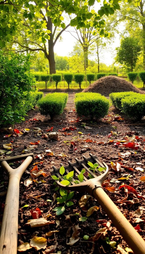 A lush garden after the harvest, sun-dappled soil and vibrant foliage. In the foreground, a weathered wooden rake rests amidst fallen leaves and twigs, hinting at the post-harvest cleanup underway. The middle ground reveals neatly pruned hedges, their fresh green leaves contrasting with the earthy tones of the soil. In the background, a well-tended compost heap stands as a symbol of the cycle of growth and renewal. Warm, golden light filters through the trees, casting a gentle glow over the entire scene, evoking a sense of tranquility and a fresh start. A lush garden after the harvest, sun-dappled soil and vibrant foliage. In the foreground, a weathered wooden rake rests amidst fallen leaves and twigs, hinting at the post-harvest cleanup underway. The middle ground reveals neatly pruned hedges, their fresh green leaves contrasting with the earthy tones of the soil. In the background, a well-tended compost heap stands as a symbol of the cycle of growth and renewal. Warm, golden light filters through the trees, casting a gentle glow over the entire scene, evoking a sense of tranquility and a fresh start.
