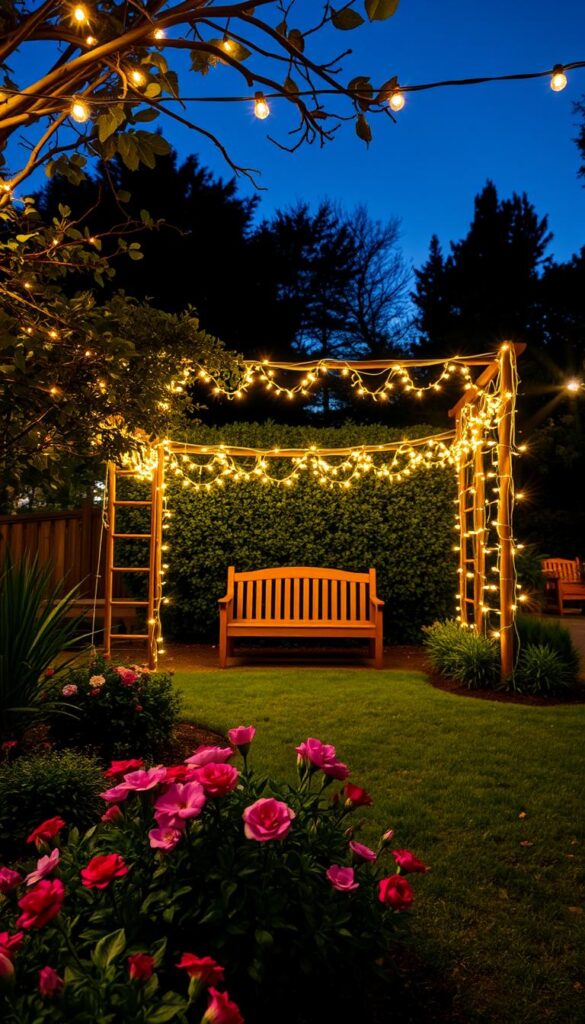 A lush garden at dusk, illuminated by a warm glow of LED string lights strung across the trees and trellises. The lights cast a soft, ambient light, creating a cozy and inviting atmosphere. In the foreground, a well-manicured flower bed with vibrant blooms, while in the middle ground, a wooden bench sits under a canopy of fairy lights. In the background, the shadowy silhouettes of mature shrubs and trees frame the scene. The lighting is even and natural, with no harsh shadows or hot spots. The overall mood is one of tranquility and holiday cheer, perfect for setting the scene for an outdoor gathering. A lush garden at dusk, illuminated by a warm glow of LED string lights strung across the trees and trellises. The lights cast a soft, ambient light, creating a cozy and inviting atmosphere. In the foreground, a well-manicured flower bed with vibrant blooms, while in the middle ground, a wooden bench sits under a canopy of fairy lights. In the background, the shadowy silhouettes of mature shrubs and trees frame the scene. The lighting is even and natural, with no harsh shadows or hot spots. The overall mood is one of tranquility and holiday cheer, perfect for setting the scene for an outdoor gathering.