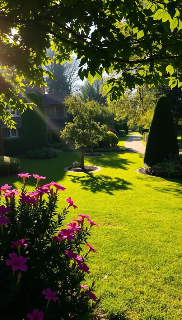 A lush garden bathed in warm sunlight, with a detailed "sun and shade map" highlighting the various light patterns across the landscape. The foreground features a beautifully manicured flower bed, its vibrant blooms contrasting with the gently swaying foliage. In the middle ground, a verdant lawn is dotted with strategically placed trees and shrubs, casting intricate patterns of light and shadow. The background reveals a tranquil, sun-dappled pathway winding through the garden, inviting the viewer to explore. The scene is captured with a wide-angle lens, conveying a sense of depth and immersion, while the lighting is soft and natural, creating a calming, serene atmosphere.