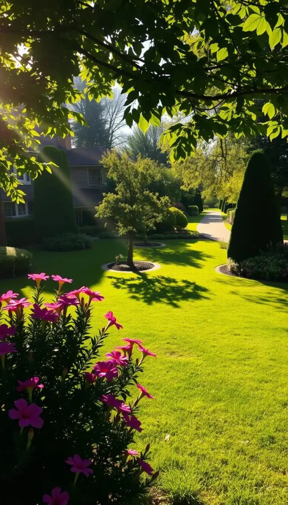 A lush garden bathed in warm sunlight, with a detailed "sun and shade map" highlighting the various light patterns across the landscape. The foreground features a beautifully manicured flower bed, its vibrant blooms contrasting with the gently swaying foliage. In the middle ground, a verdant lawn is dotted with strategically placed trees and shrubs, casting intricate patterns of light and shadow. The background reveals a tranquil, sun-dappled pathway winding through the garden, inviting the viewer to explore. The scene is captured with a wide-angle lens, conveying a sense of depth and immersion, while the lighting is soft and natural, creating a calming, serene atmosphere.
